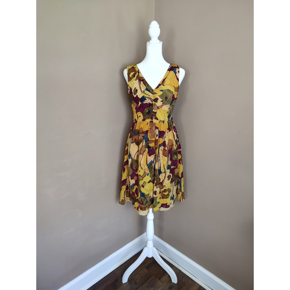 Banana Republic‎ Floral Silk V Neck Sleeveless Dress Yellow Maroon Size 0